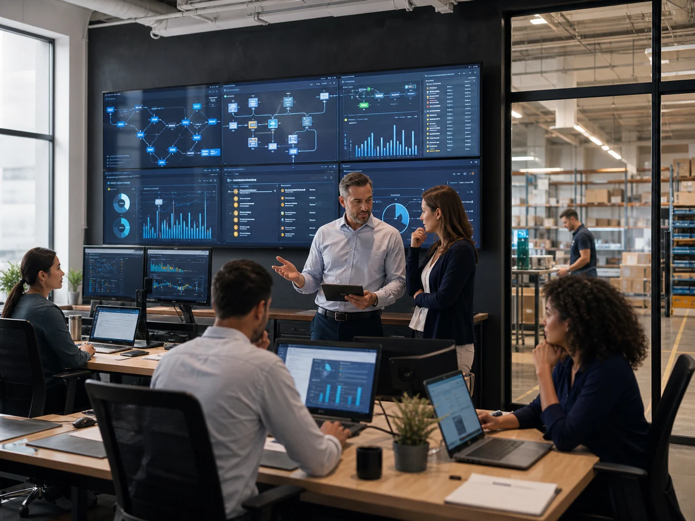 Business operations team using AI workflow automation and live process dashboards