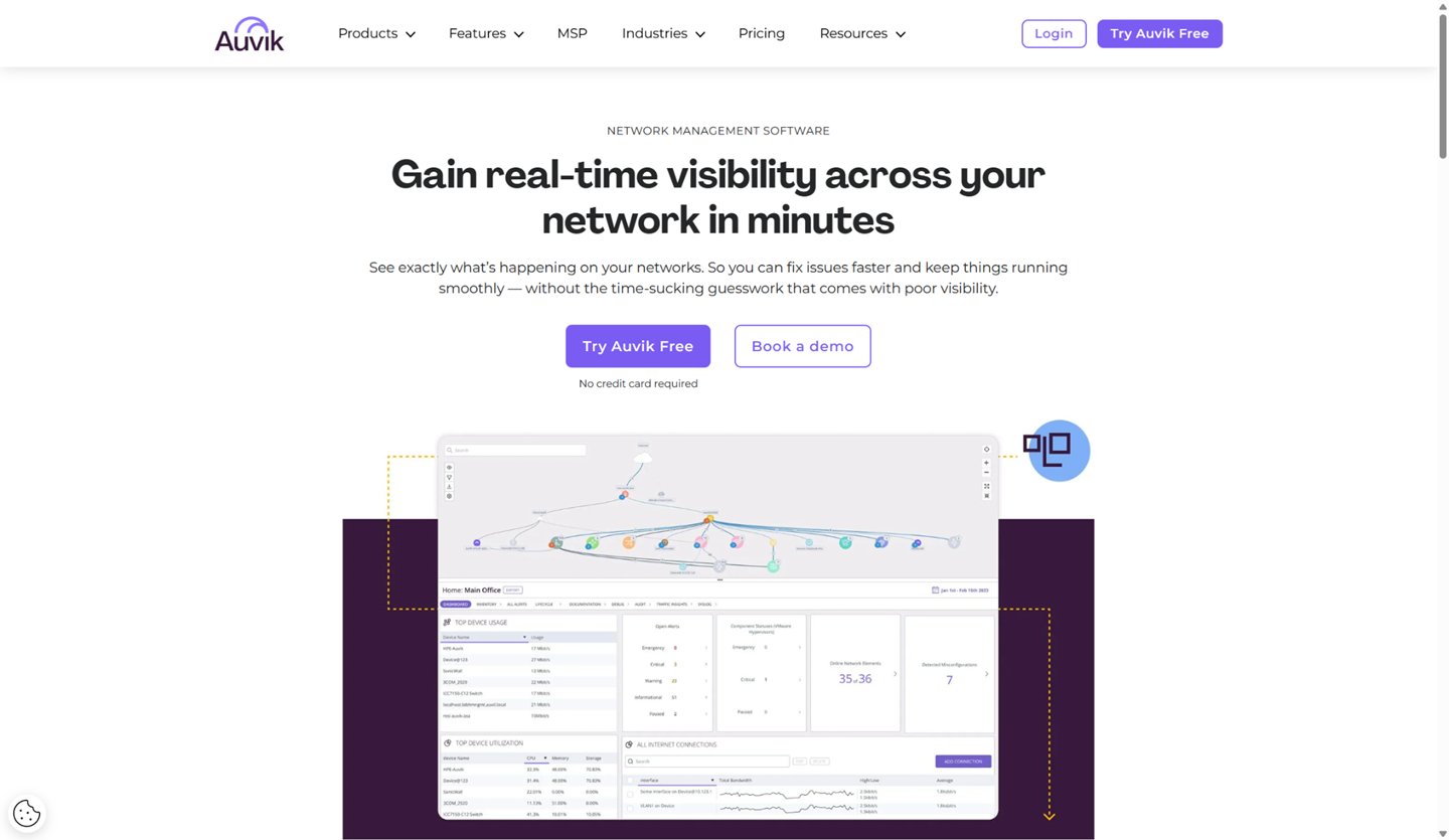 Auvik network management dashboard