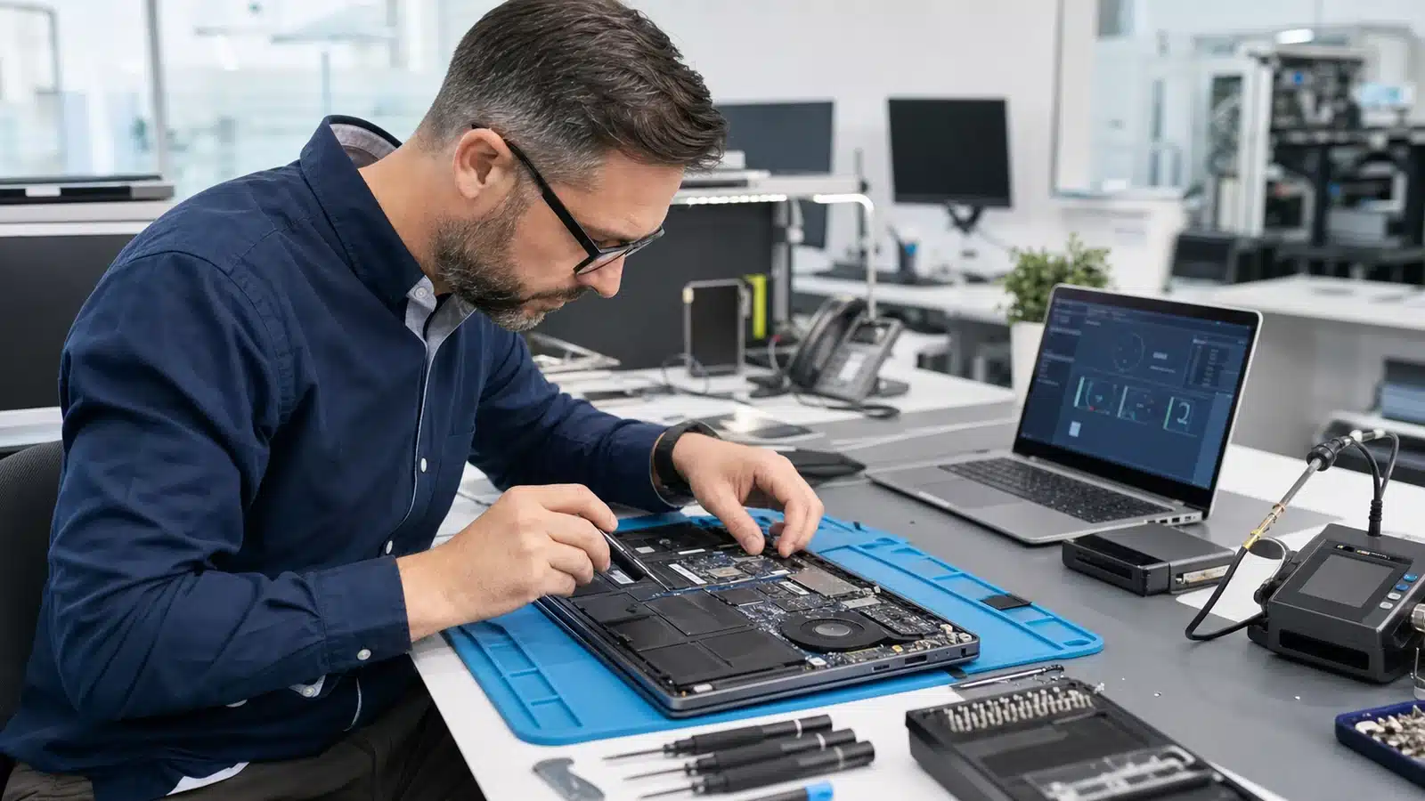 ALLMSP technician repairing and testing a business laptop