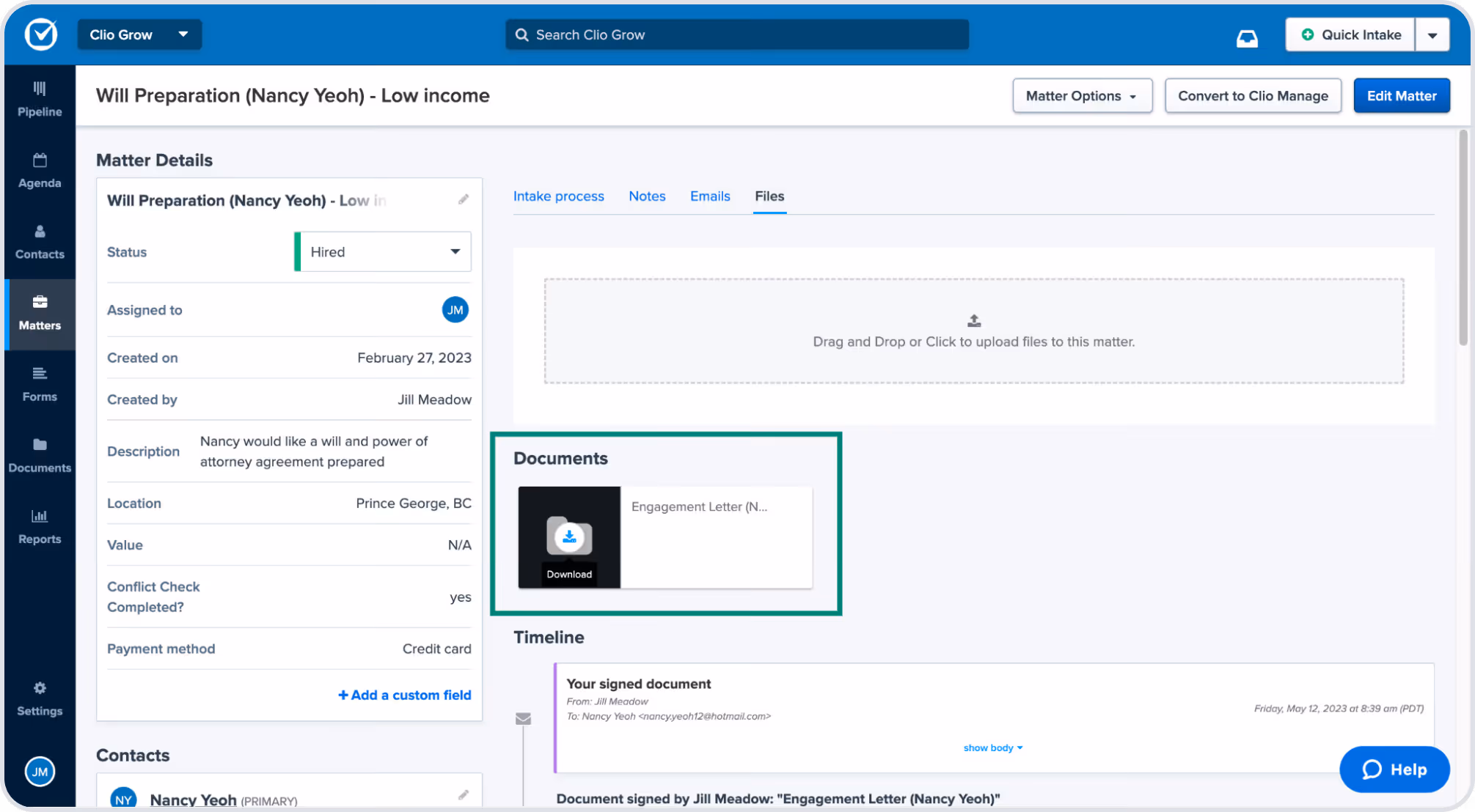 Clio document management interface
