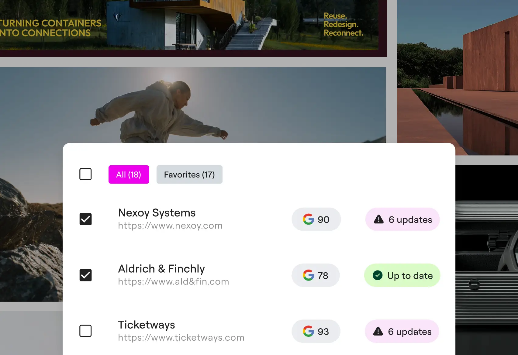 Elementor site management interface