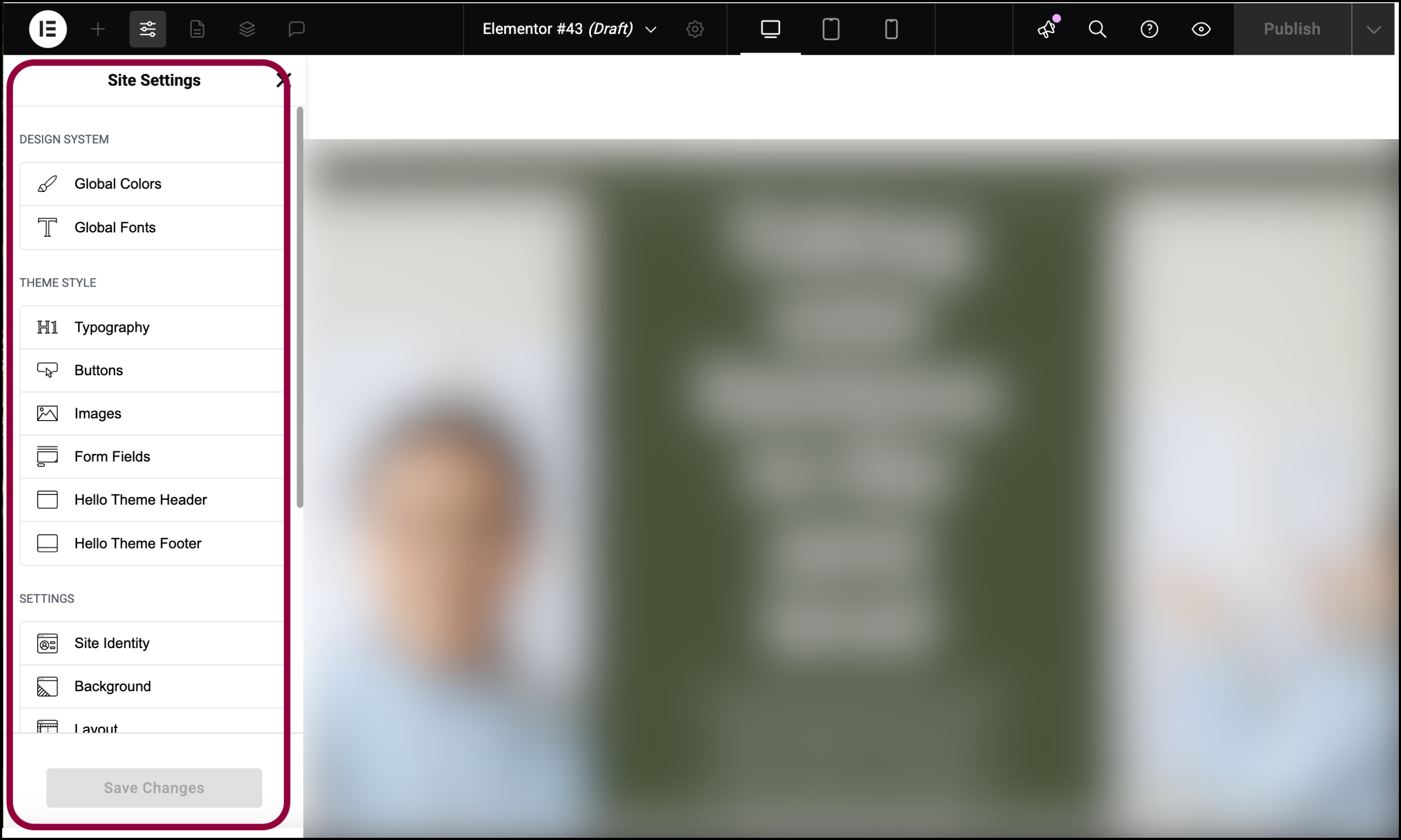 Elementor site settings panel