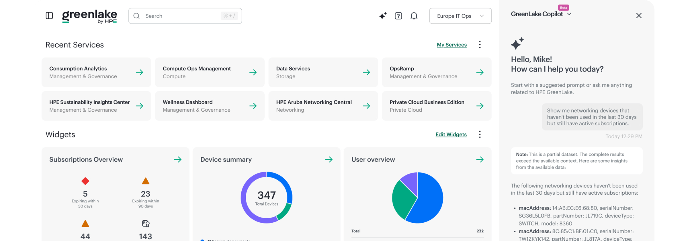 HPE GreenLake cloud operations dashboard