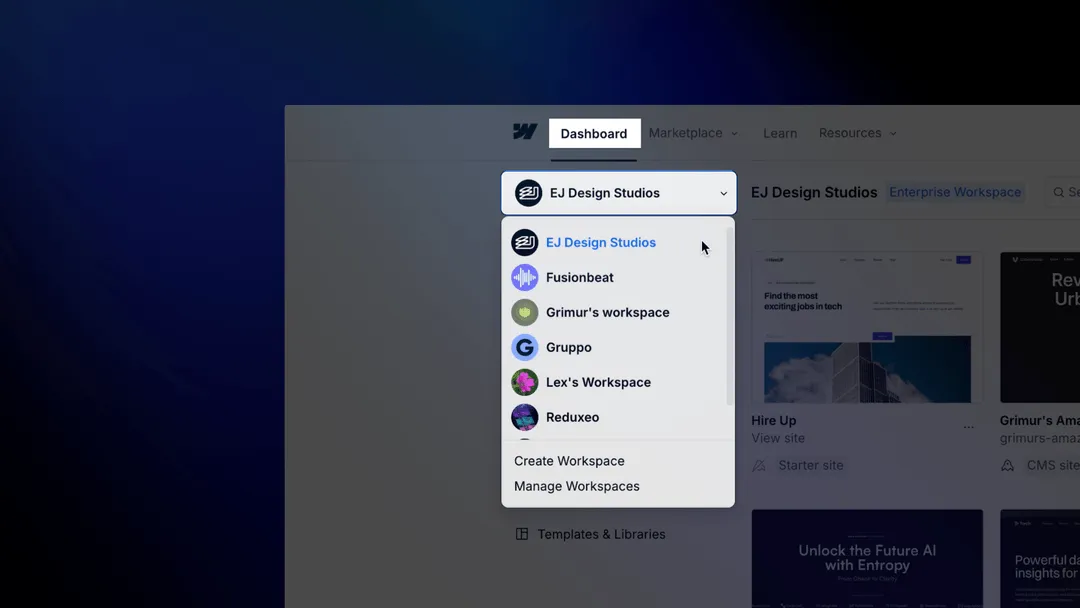 Webflow dashboard interface