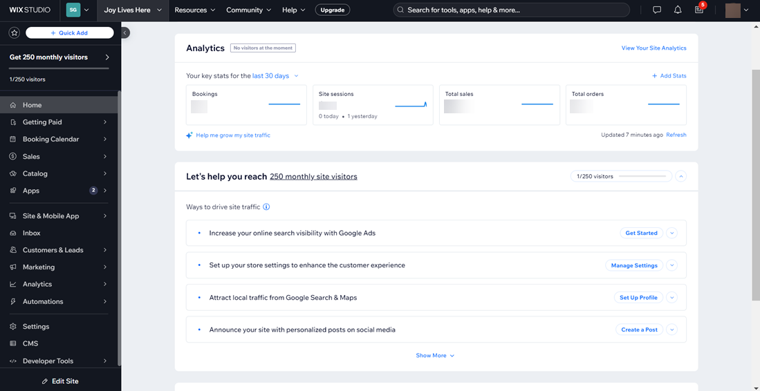 Wix dashboard interface
