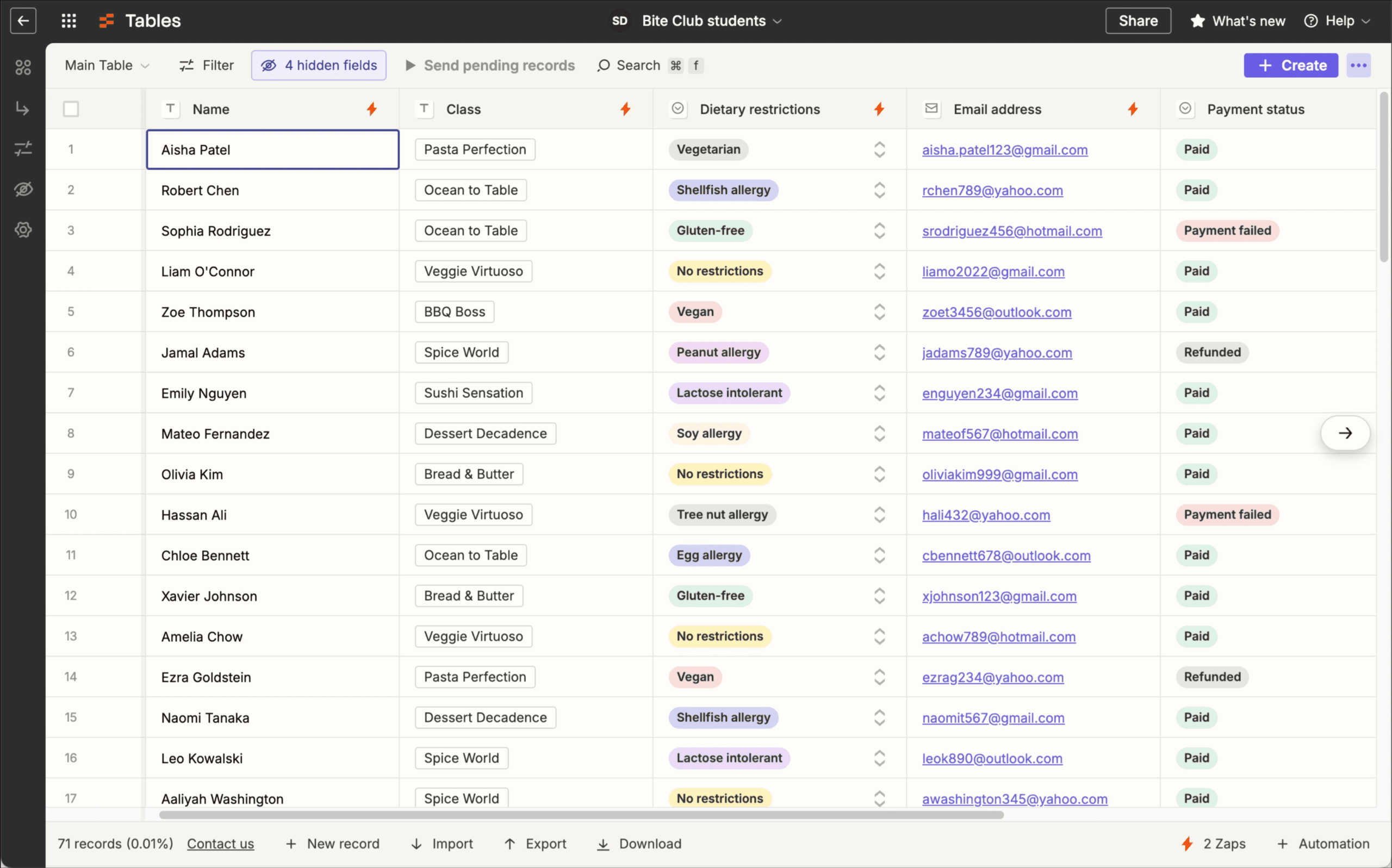 Zapier tables and data interface