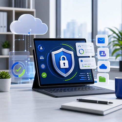 Clean Microsoft 365 security dashboard with cloud, email, files, identity, and device protection visuals.