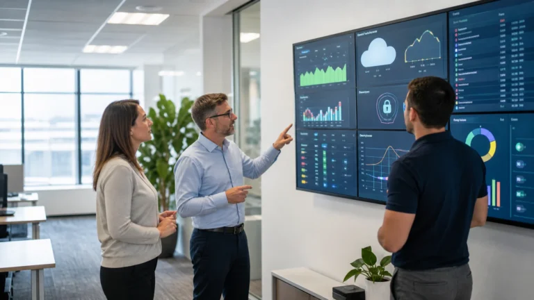 Managed IT team reviewing devices, cloud services, security, backups, and support work