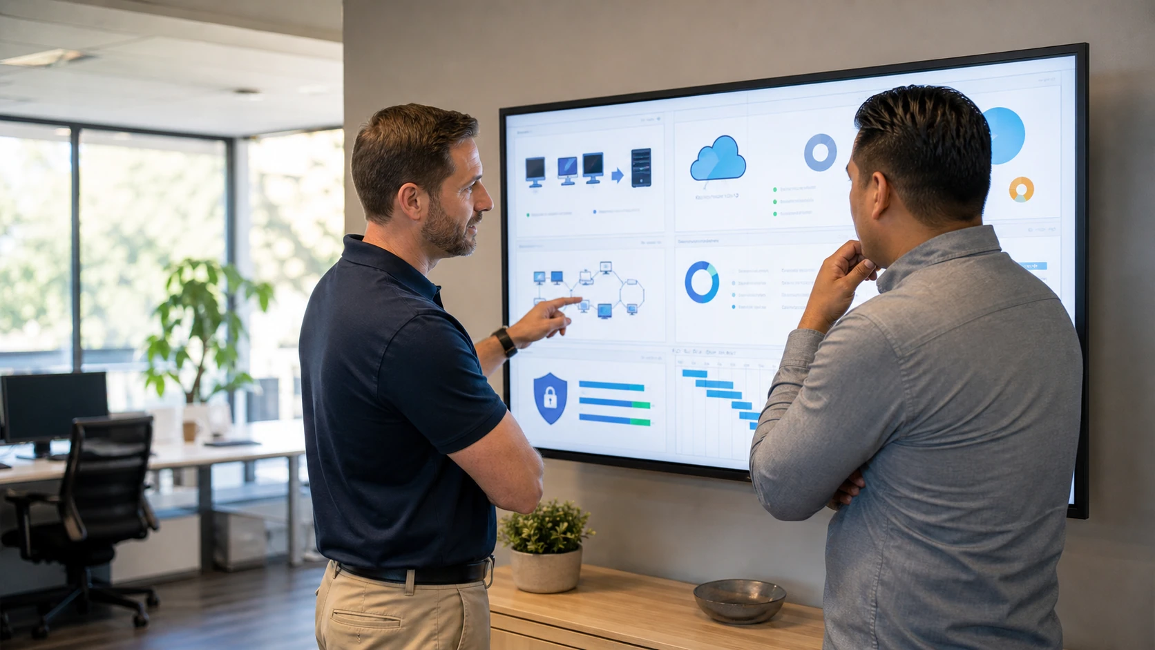 Technology consultant reviewing a business IT assessment and roadmap