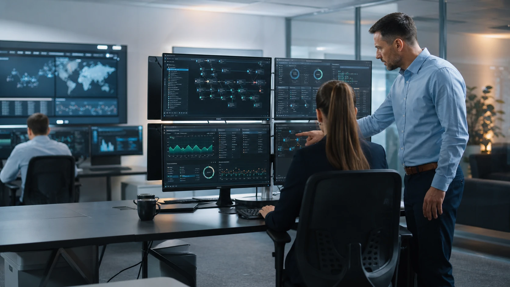 Cybersecurity analysts reviewing active business security monitoring