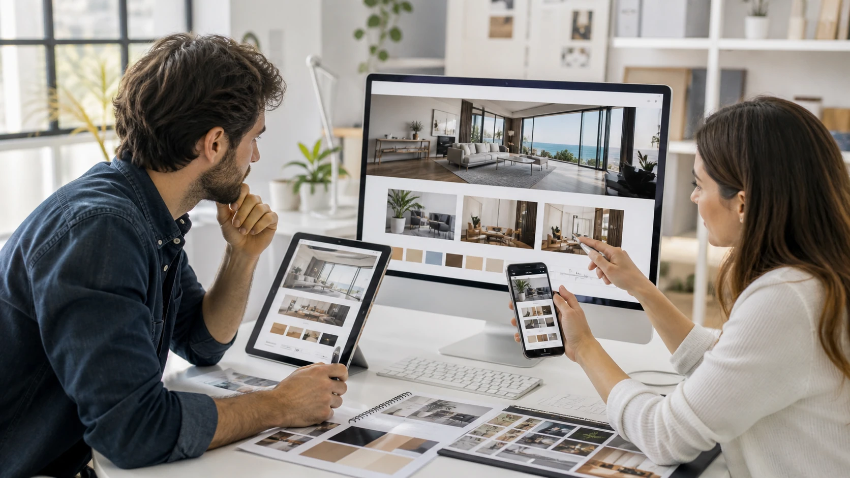 Designer and developer reviewing a responsive business website across devices