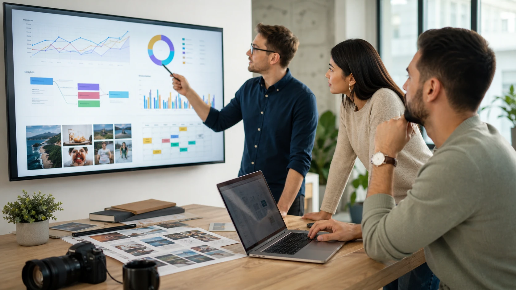Marketing team reviewing campaigns, conversion paths, and content performance