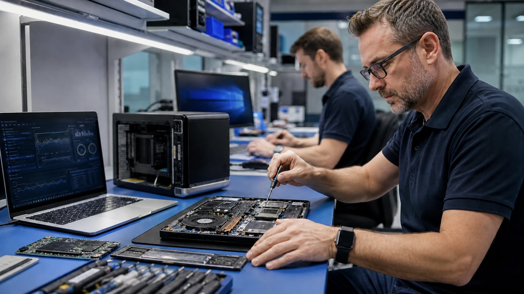 Hardware technicians diagnosing and repairing business computers