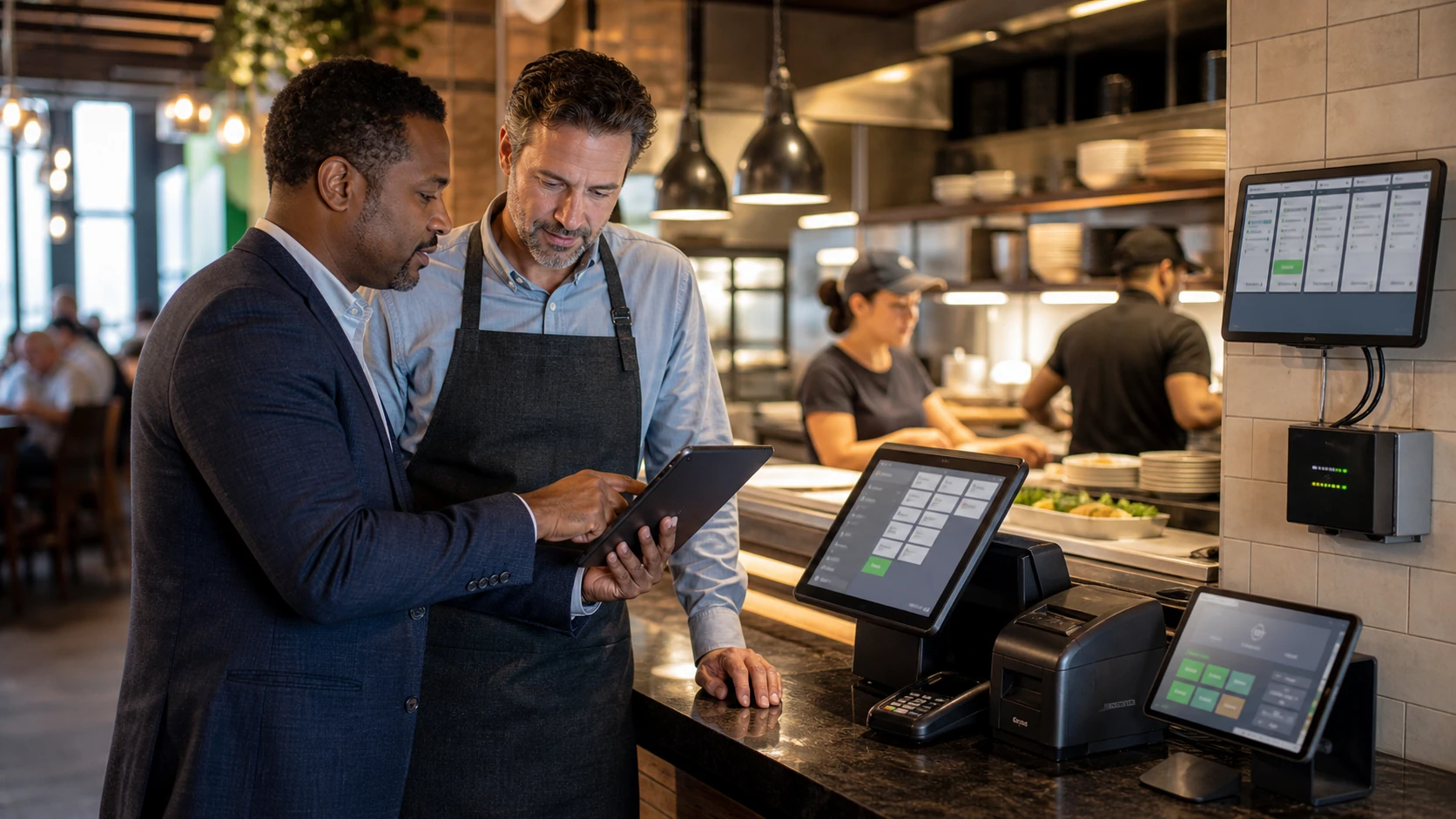 Restaurant owner and IT consultant reviewing connected point-of-sale and kitchen systems