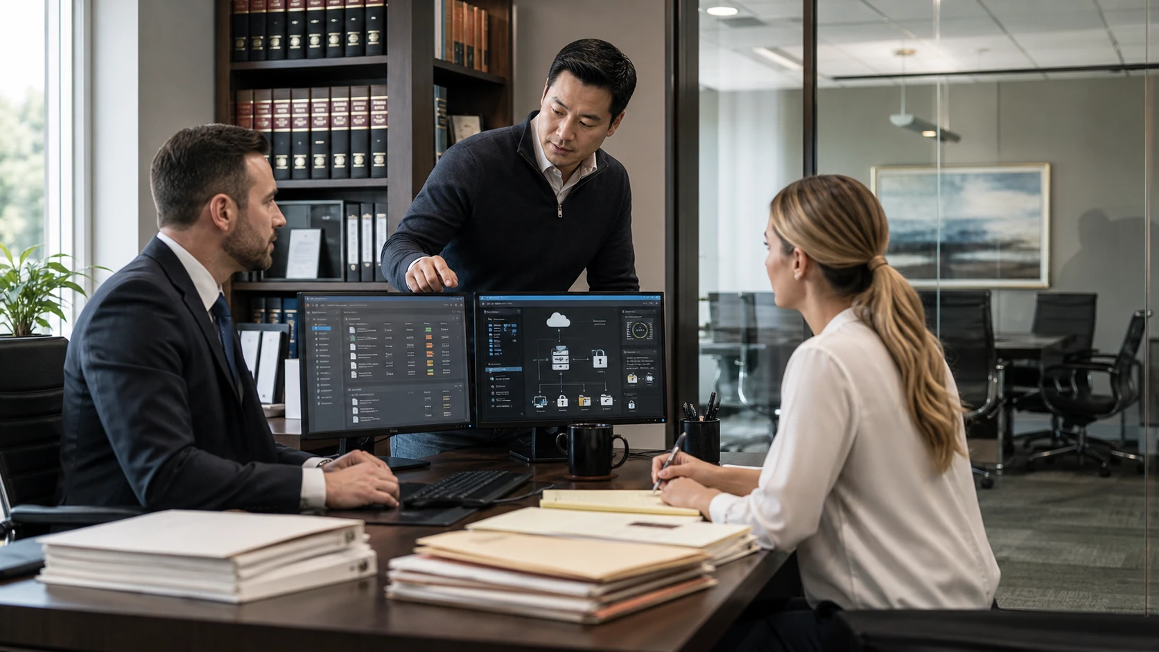 Attorney, paralegal, and IT consultant reviewing secure law-firm systems