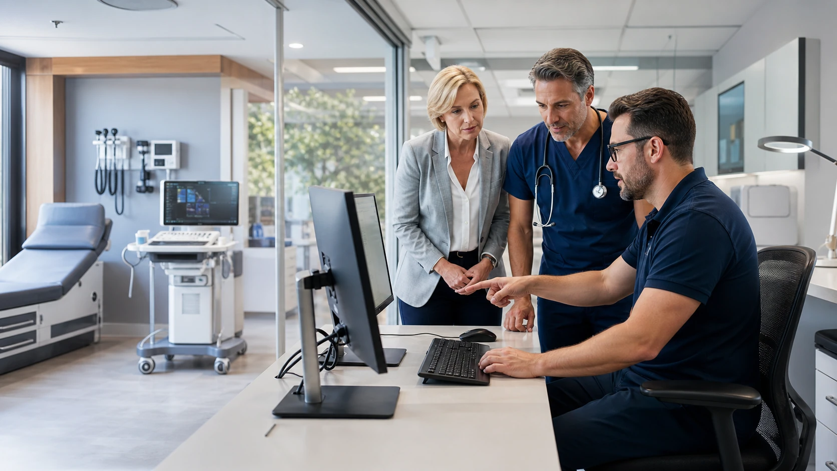 Medical practice leaders and IT specialist reviewing secure clinical technology