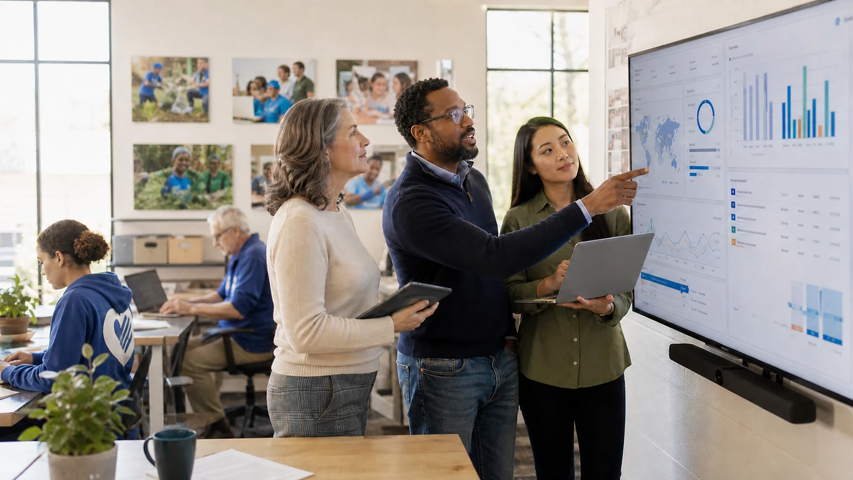 Nonprofit leaders and IT consultant reviewing donor, volunteer, program, and data systems