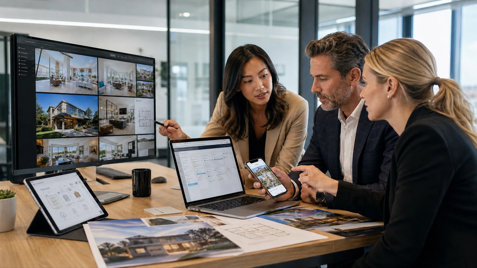 Real estate brokerage team reviewing listings, transactions, documents, and mobile systems