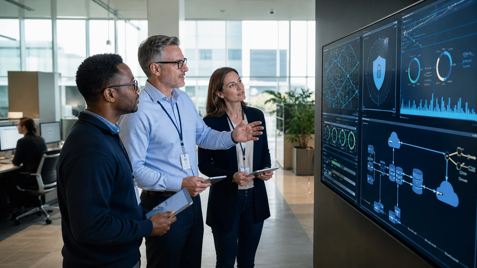 Local government administrators reviewing secure digital services and technology resilience