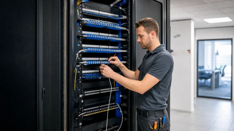 Low-voltage technician installing organized commercial network cabling