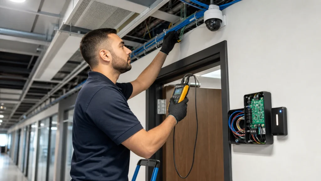 Technician testing access-control and security-camera wiring in a commercial building
