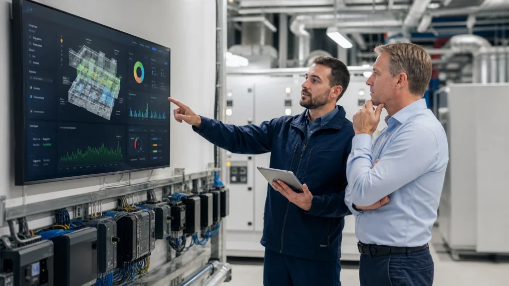 Building automation technician reviewing HVAC, energy, sensor, and control-system performance