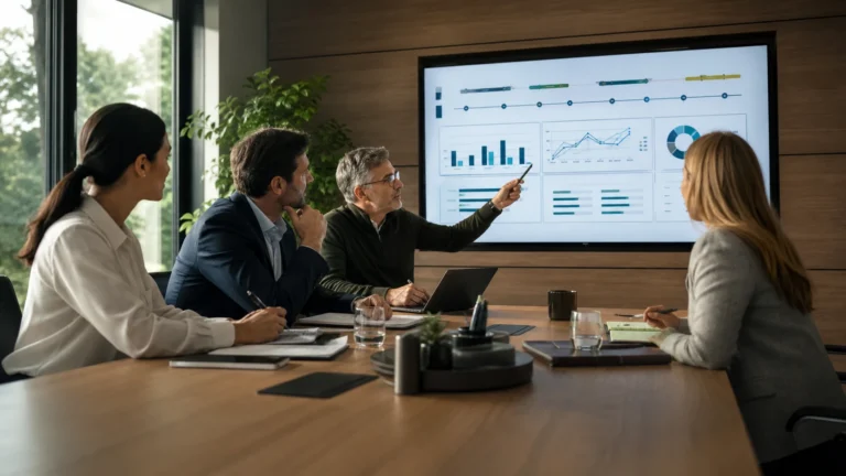 Business leaders reviewing strategy and performance with a technology advisor