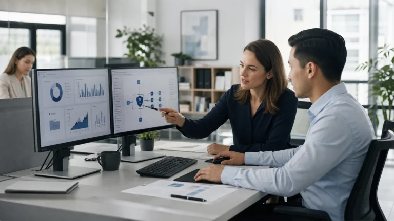 Information security advisor reviewing controls and business risk with a client
