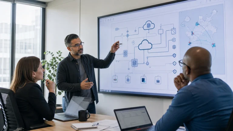 Technology architect reviewing applications, cloud services, and data flows