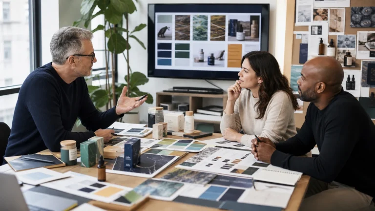 Brand strategy team reviewing a cohesive visual system and customer touchpoints