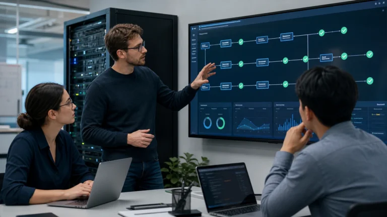 DevOps team reviewing deployment automation and system health