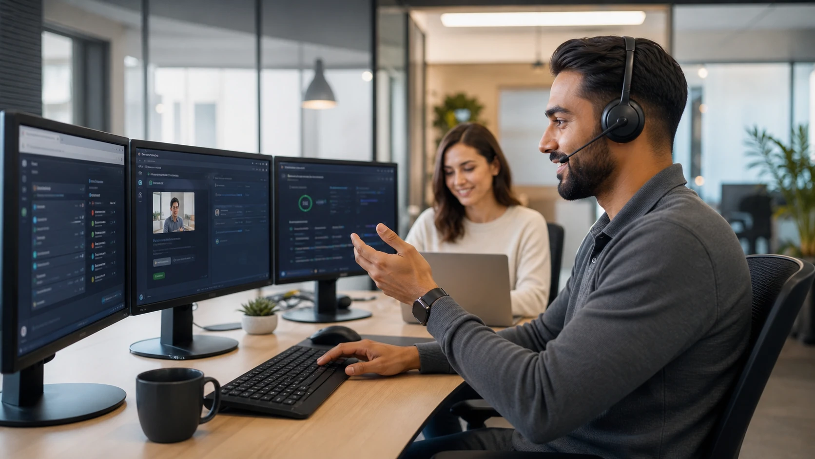 Help desk specialist resolving a business technology support request