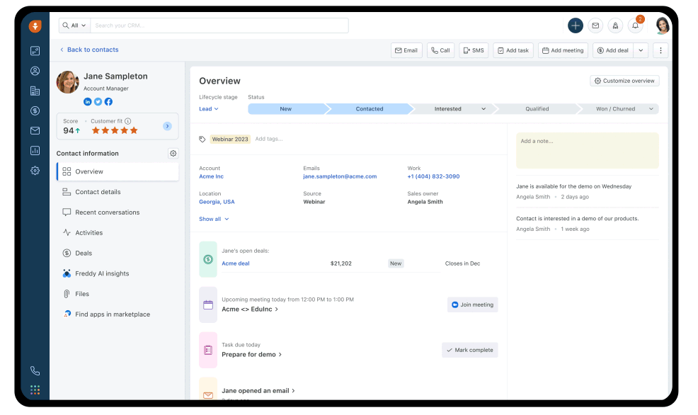 Freshsales customer conversion and engagement interface