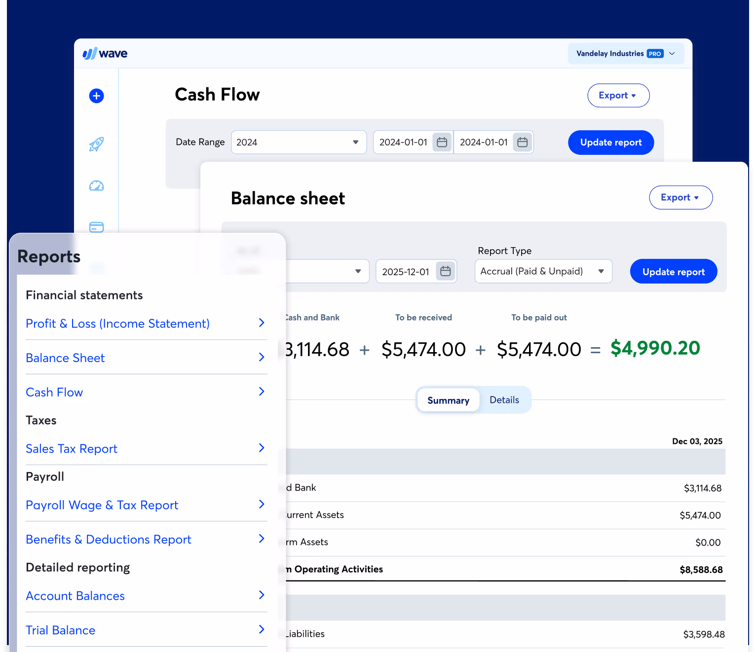 Wave accounting cash flow and financial reports interface