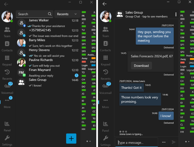 3CX Windows softphone chat interface showing business contacts group messaging and file sharing