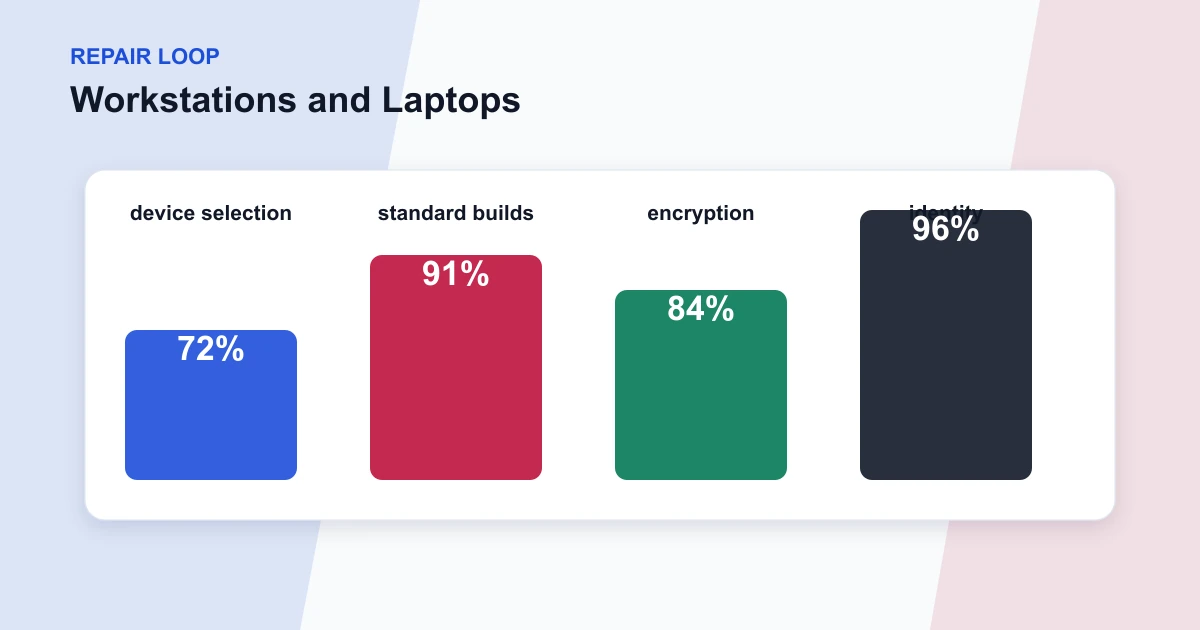Workstations and Laptops repair loop covering device selection, standard builds, encryption, identity