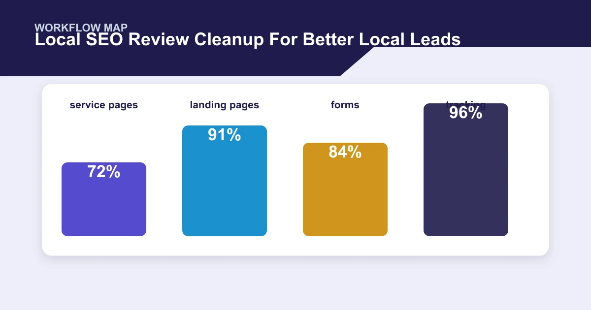 Local SEO Review Cleanup For Better Local Leads workflow map covering service pages, landing pages, forms, tracking