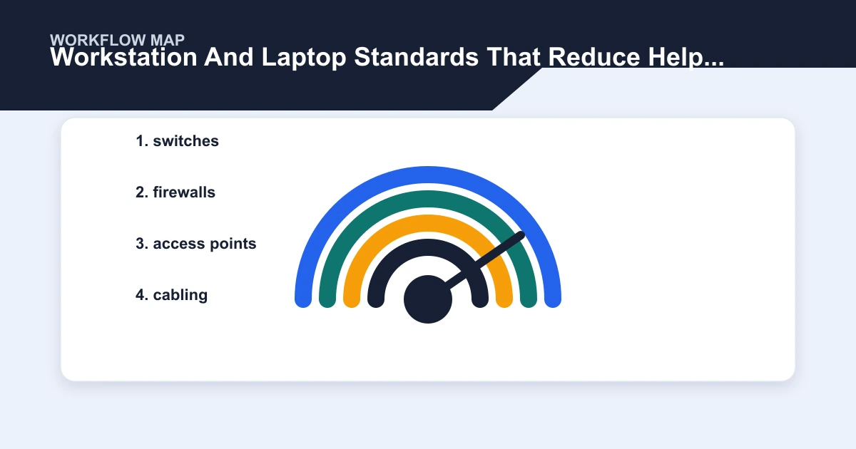 Workstation And Laptop Standards That Reduce Help Desk Noise workflow map covering switches, firewalls, access points, cabling