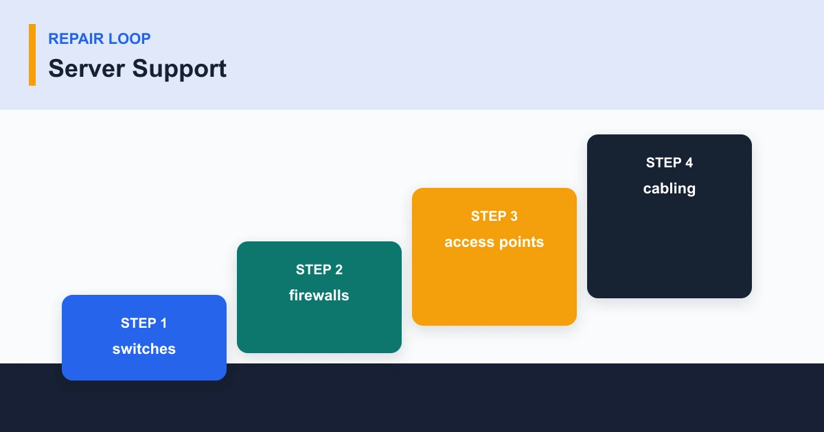 Server Support repair loop covering switches, firewalls, access points, cabling
