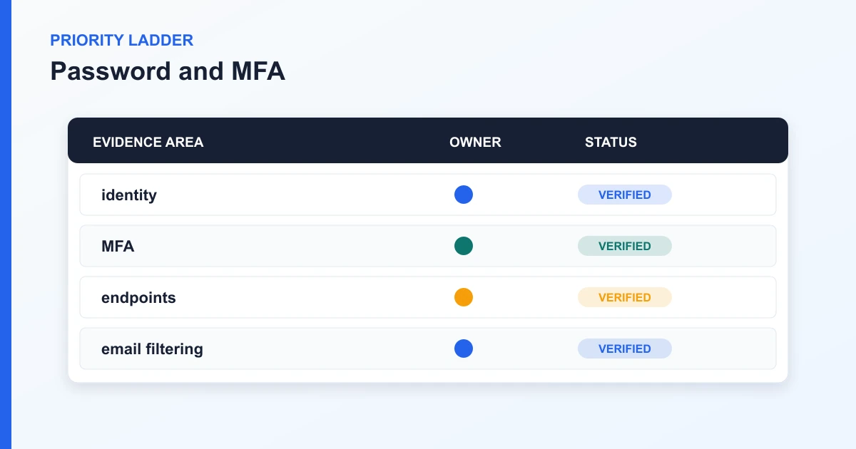 Password and MFA priority ladder covering identity, MFA, endpoints, email filtering