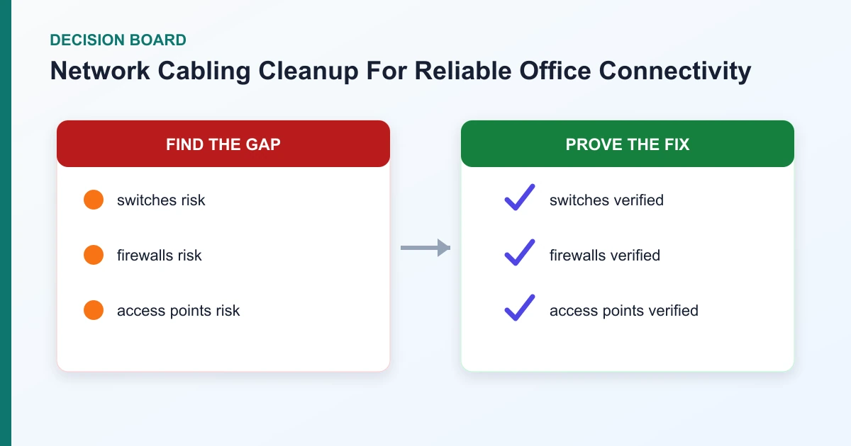Network Cabling Cleanup For Reliable Office Connectivity decision board covering switches, firewalls, access points, cabling