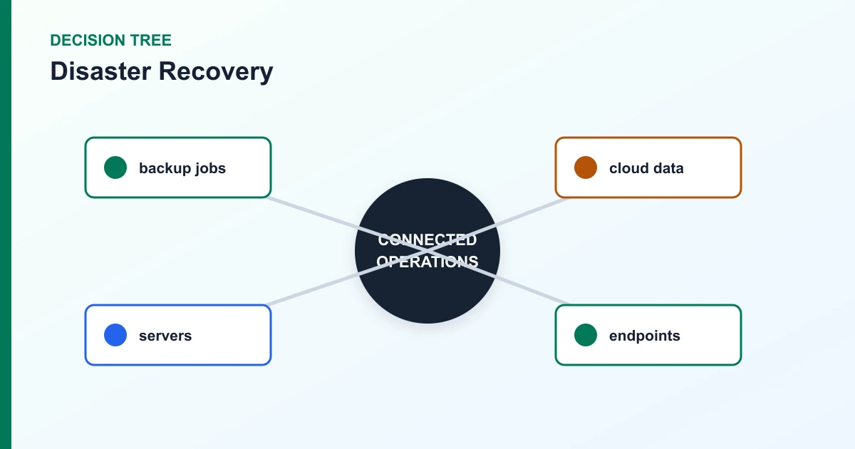 Disaster Recovery decision tree covering backup jobs, cloud data, servers, endpoints
