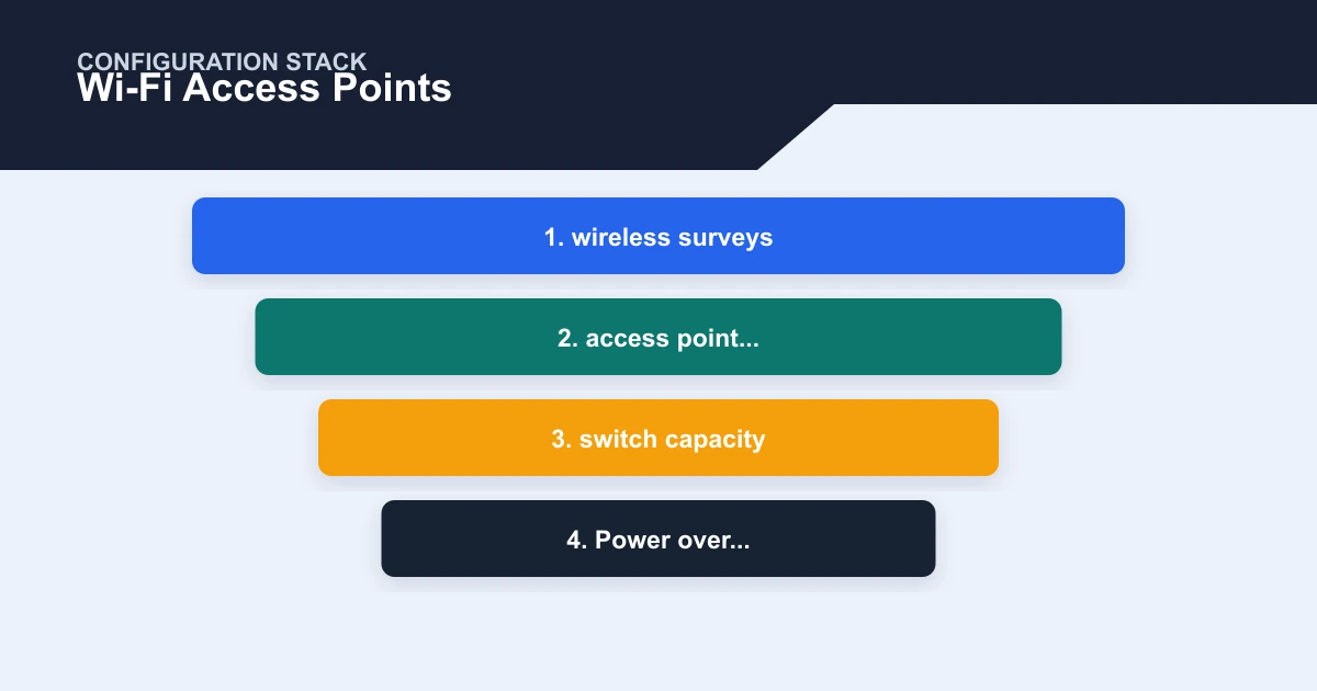 Wi-Fi Access Points configuration stack covering wireless surveys, access point..., switch capacity, Power over...