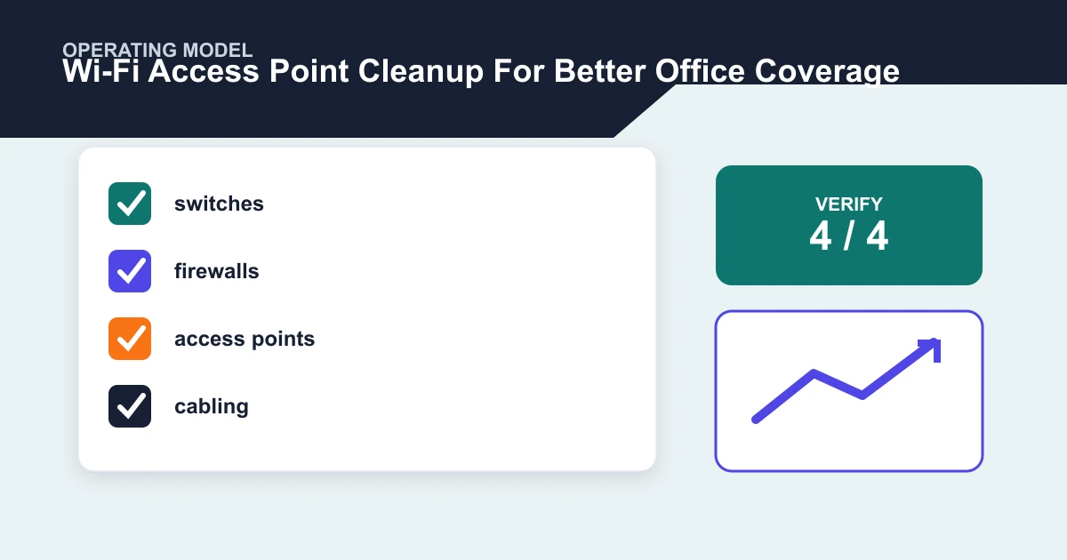 Wi-Fi Access Point Cleanup For Better Office Coverage operating model covering switches, firewalls, access points, cabling