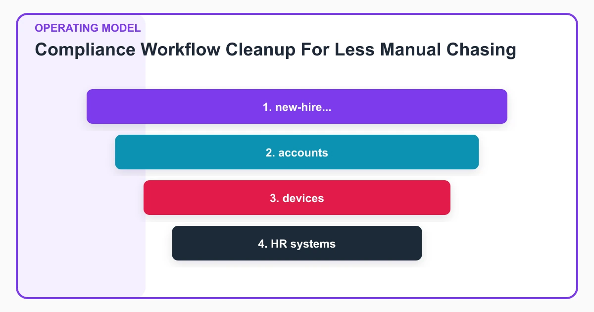 Compliance Workflow Cleanup For Less Manual Chasing operating model covering new-hire..., accounts, devices, HR systems