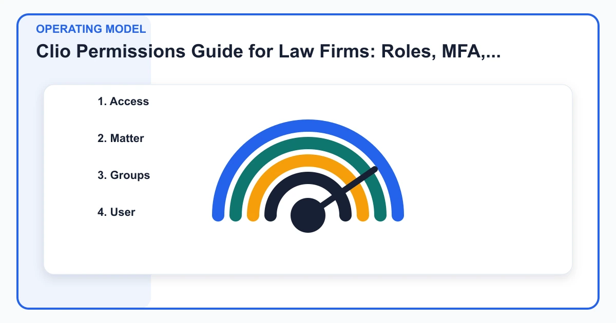 Clio Permissions Guide for Law Firms: Roles, MFA, and Offboarding operating model covering Access, Matter, Groups, User