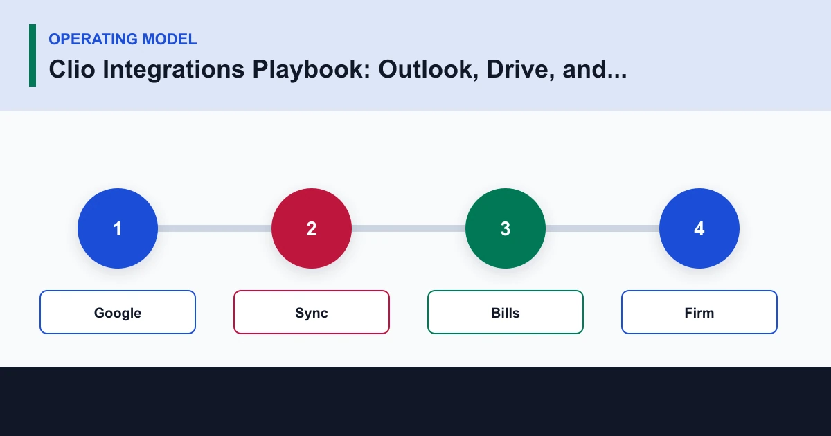 Clio Integrations Playbook: Outlook, Drive, and QuickBooks Online operating model covering Google, Sync, Bills, Firm