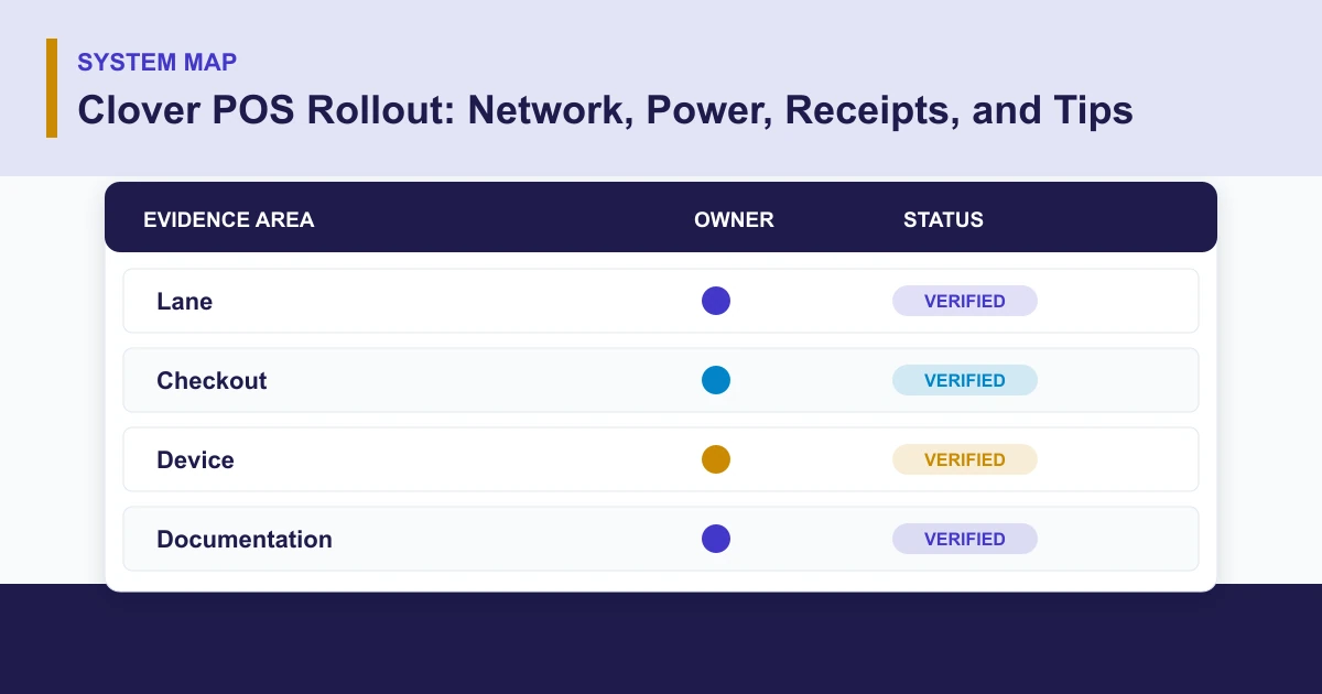 Clover POS Rollout: Network, Power, Receipts, and Tips system map covering Lane, Checkout, Device, Documentation