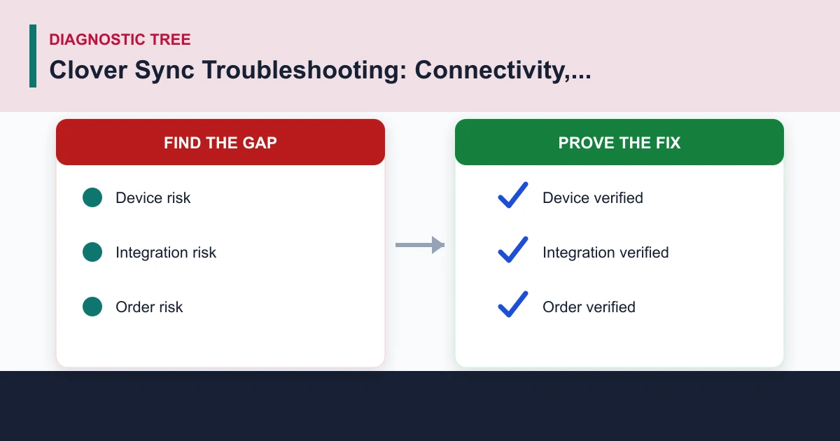 Clover Sync Troubleshooting: Connectivity, Inventory, Orders diagnostic tree covering Device, Integration, Order, Items