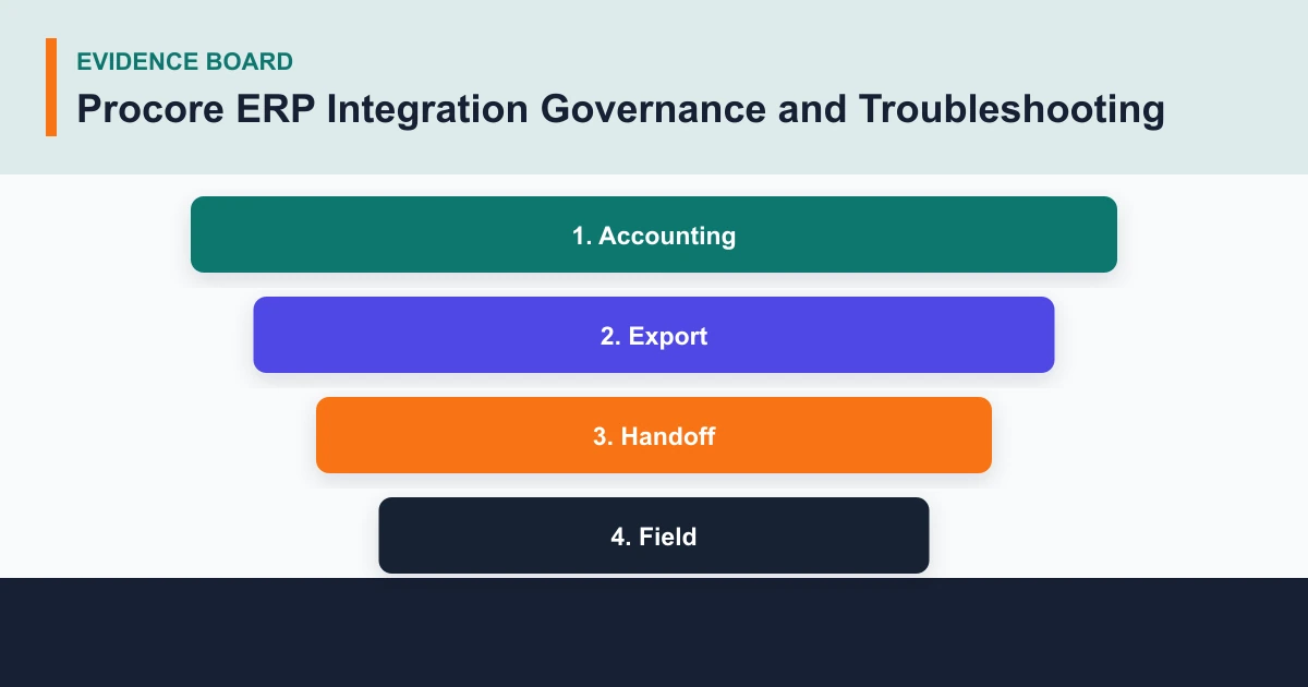 Procore ERP Integration Governance and Troubleshooting evidence board covering Accounting, Export, Handoff, Field